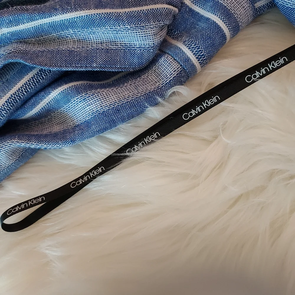 Calvin Klein Striped Linen & Rayon Jumpsuit in a Denim Blue & White. - Picture 10 of 16